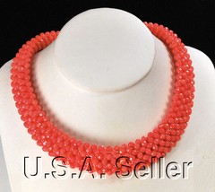 Pink Coral Faceted Round Beads Hand Beaded Silver Statement Necklace 18″*