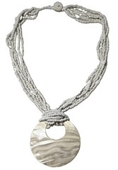 White Beaded Necklace Mother of Pearl Round Pendant Adjustable 18″ Beach Cruise