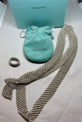 Tiffany & Co Sterling Silver Mesh Scarf Tie Necklace 49″ 5oz Elsa Peretti & Ring