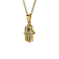 Hamsa Hand Pendant with Ruby and Diamond Encrusted 18k White Gold Jewish Jewelry