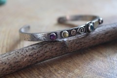Aquamarine, Garnet, Amethyst, Sterling Silver & Gold Cuff Bracelet by L Moran