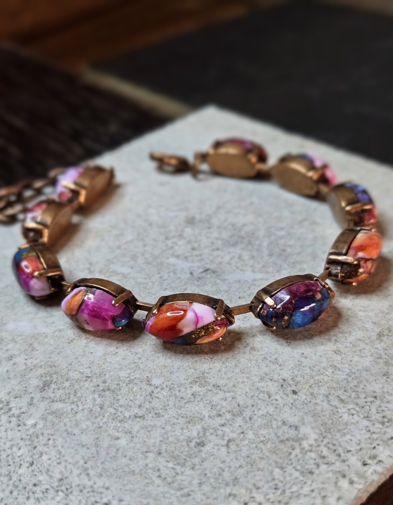 Genuine Pink-Purple Dahlia Spiny Oyster Turquoise In Antique Copper Bracelet