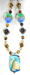 NICE! Mixed Material Beaded Necklace .925 Sterling Clasp Dichroic Glass Pendant!
