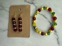 handmade beaded dangle earrings and bracelet set red, yellow and green beads