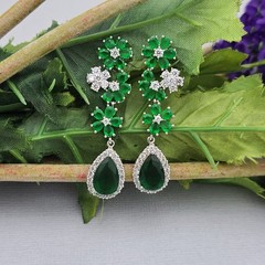 Elegant Green Flower Drop Earrings with Emerald CZ Teardrops.