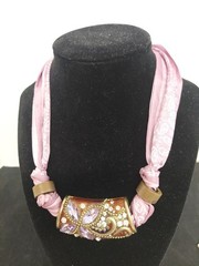 Scarf Necklace With Beautiful Rhinestone Pendant. Scarf Is Pink & White.