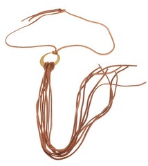 Tan Leather Tie necklace on Brass Circle Made in USA by Carolyn Carrara at Twigs
