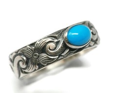 Oval Arizona Turquoise Ring Flower Wave Pattern 925 Sterling Silver E-W