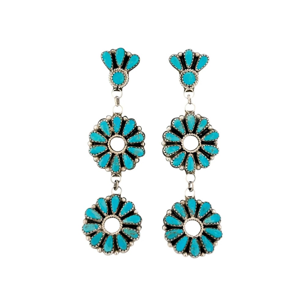 Violet Nez, Earrings, Kingman, Sterling Silver, Navajo, 3 1/4″