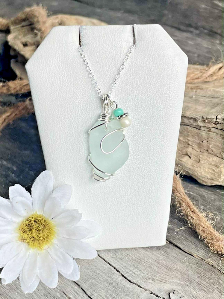 Light Aqua Sea Glass Wire Wrapped Pendant Necklace 18″ Silver Jewelry Gift Her