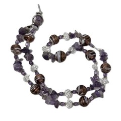 Purple Venetian Murano Glass, Clear Crystal, Amethyst Chip Beaded Necklace 20″