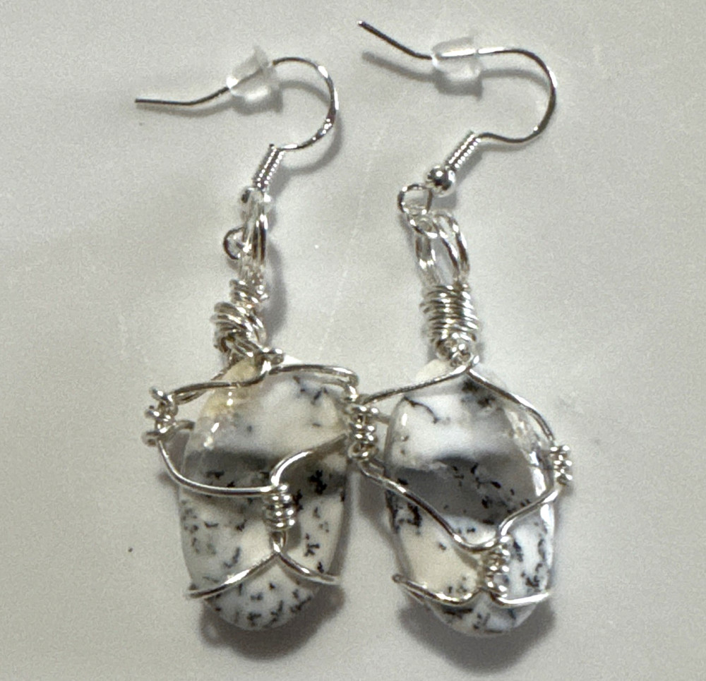 Dendritic Agate Handmade Earrings Bling Silver Tone Genuine Stone White Gray