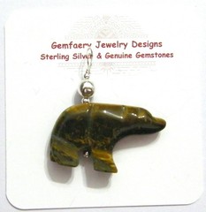 NEW: Sterling Silver Carved TIGER’S EYE Walking Bear Pendant #313…Handmade USA