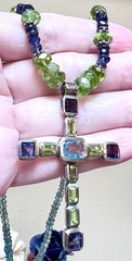 LOVELY Designer Sterling Silver, Blue Topaz, Iolite & Peridot Cross Necklace