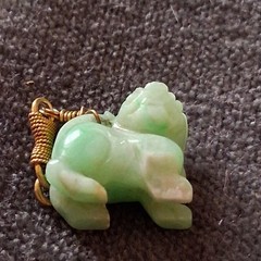 Vintage Carved Coral Elephant & Green Stone Guardian Lion Charms With 14K Gold