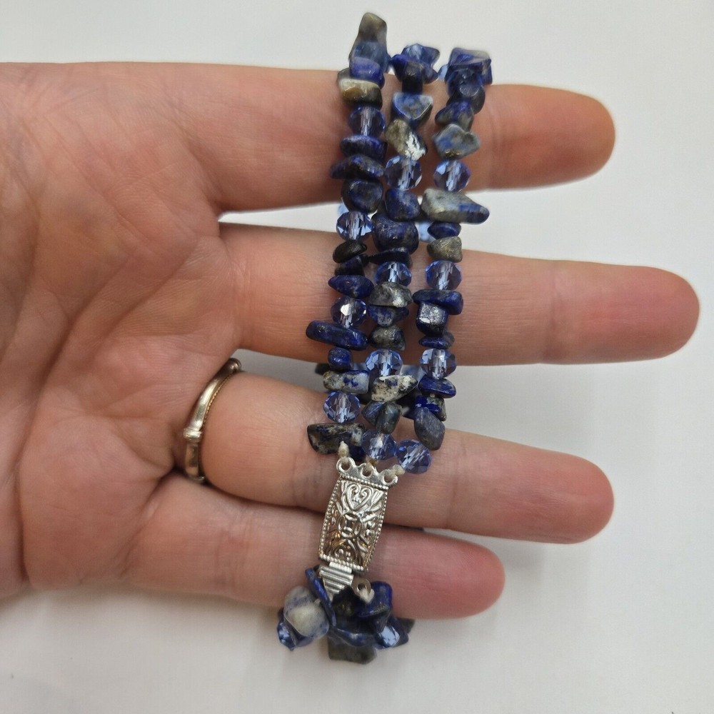 Vintage Blue Sodalite Chips Beads Three Strand Chunky Bracelet Box Clasp 8″