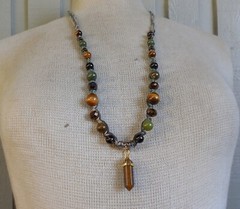 Tigers Eye Double Terminated Point Adjustable Hemp Necklace w Jade Smoky Quartz