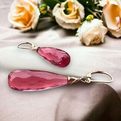 Lab Made Pink Tourmaline Wire Wrapped Earrings 14K Gold Filled , 8th Anniversary