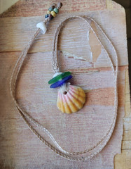Sunrise Shell & Sea Glass Necklace Braid Beach Men Gift Puka Pecten Langfordi