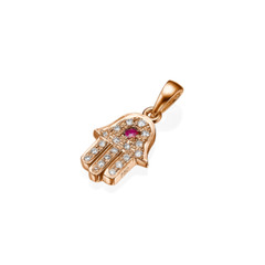 Hamsa Hand Pendant with Ruby and Diamond Encrusted 18k White Gold Jewish Jewelry