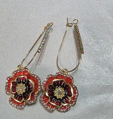 Victorian Trading Poppy Flower Dangle Drop Earrings Red Purple Rhinestone 30J