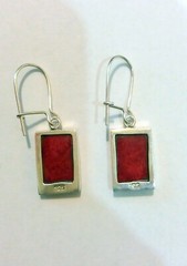Modern Silver Jewelry Earrings, Red Square Handmade Coral