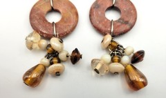 Boho Jasper Stone Disc & Glass Bead Dangle Drop Earrings Pierced Artisan 3.5″
