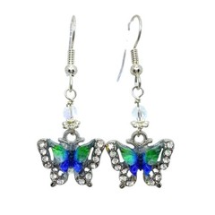 Whimsical Butterfly Crystal Dangle Earrings Artisan Made Feminine Blue Green NEW