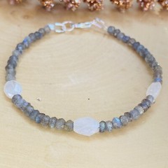 Moonstone Labradorite Sterling Silver Beaded Bracelet Handmade Jewelry For Women