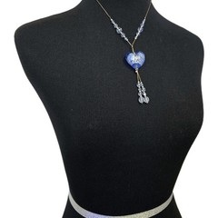 Blue Murano Style Glass Heart Pendant Necklace With Beaded Y Drop Tassels, EUC