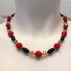 Handmade Necklace of Coral Acrylic Beads with Champagne Yellow and Black Glass