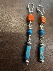 Turquoise & Orange Beaded Drop Earrings – Silver Tone