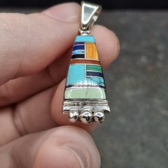 Signed WS Sterling Silver Mosaic Inlay Pendant Native American Willie Shaw