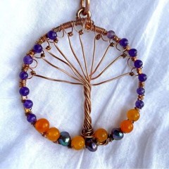 Handmade Tree of Life Necklace Copper Beaded Amethyst Orange Jade