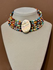 Artisan Beaded Choker Necklace Mother of Pearl Shell Wood Pendant Bohemian Retro