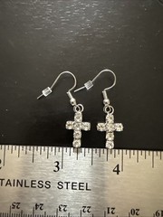 Nickel Free Silver Shepherd Hook, Clear Rhinestone Cross Earrings W/stoppers