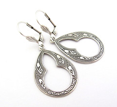 Hoop Earrings Ornate Teardrop Anitqued Silver Plate Geometric Boho Birthday Gift