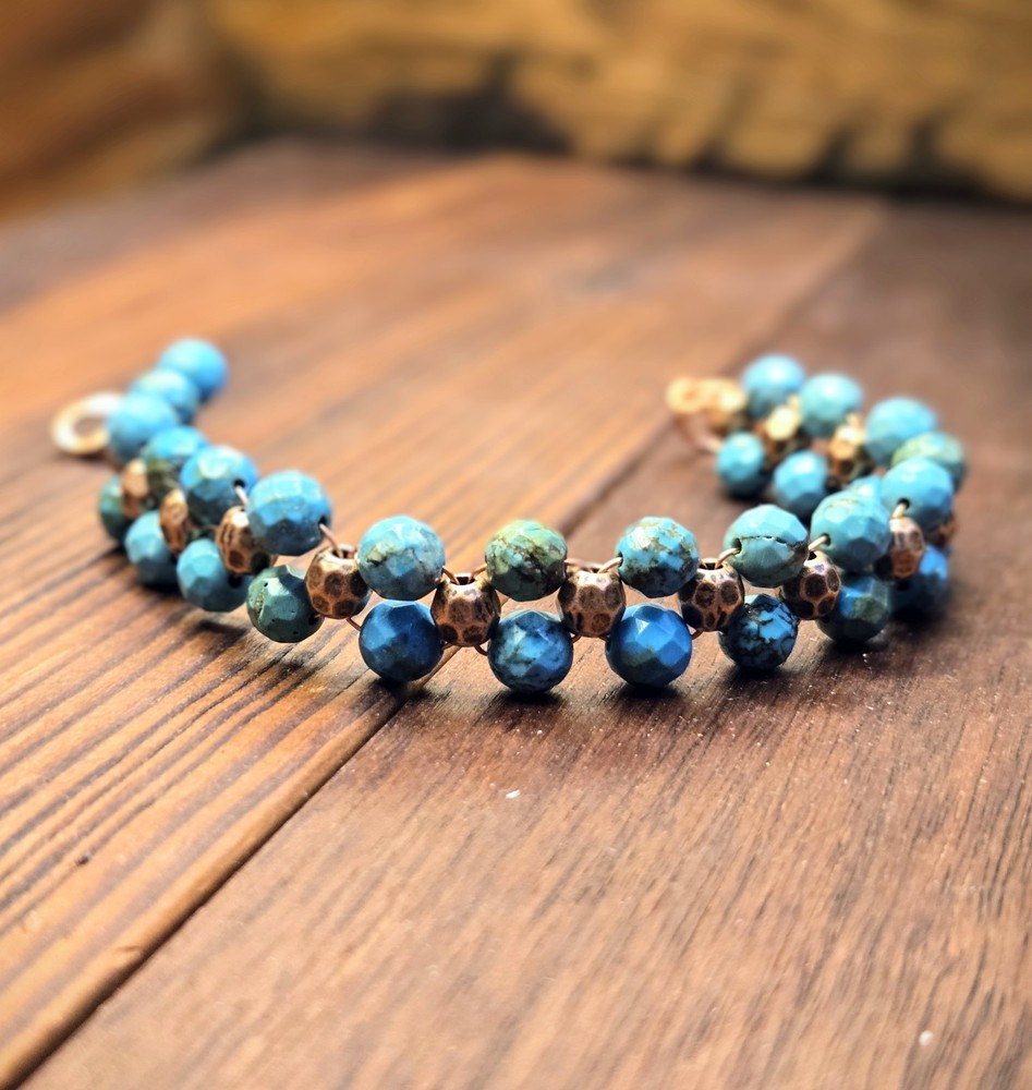 The Frontier’s Genuine Faceted Turquoise In Handwoven Antique Copper Bracelet