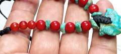 Turquoise genuine from Mexico , Red Coral beads, Adjustable and Hand Braided.