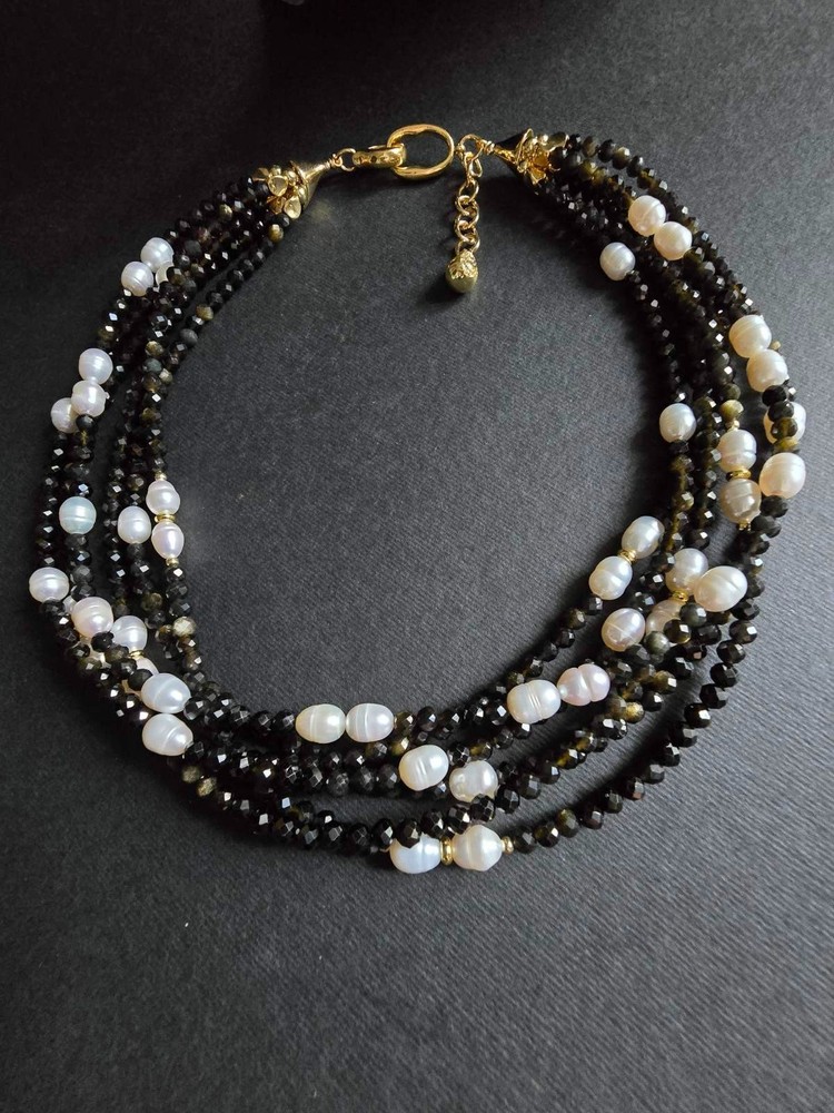 Natural Five-strand Black Spinel & Freshwater Pearl Choker Necklace Handmade