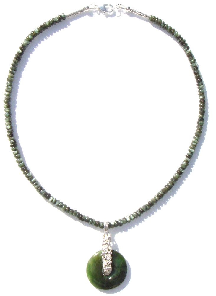 Seraphinite Gemstone Necklace with a Nephrite Jade Donut Pendant
