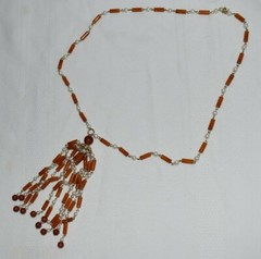 Orange, Red, and Imitation Pearl Bead Necklace, 28 in with 5 1/2 in tassel drop