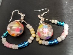 Handcrafted Silver Beaded Dangle Earrings w/ White Healing Rocks N Weed Leaves