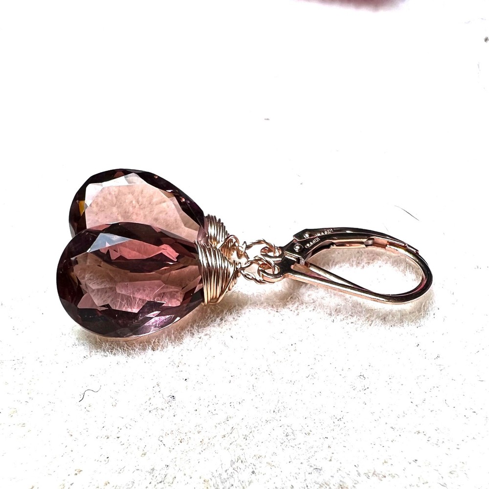 Handmade Wire Wrapped Kunziite Earrings 14k Rose Gold Filled , Lab Made Gems