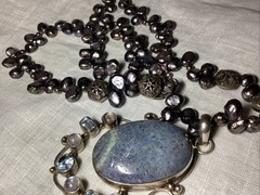 Lovely Handmade Denim Lapis, Cultured Pearls, Crystal & Sterling Silver Necklace