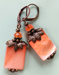 ORANGE SHELL PEARL & Crystal earring COPPER LEVERBACK artisan #LA25