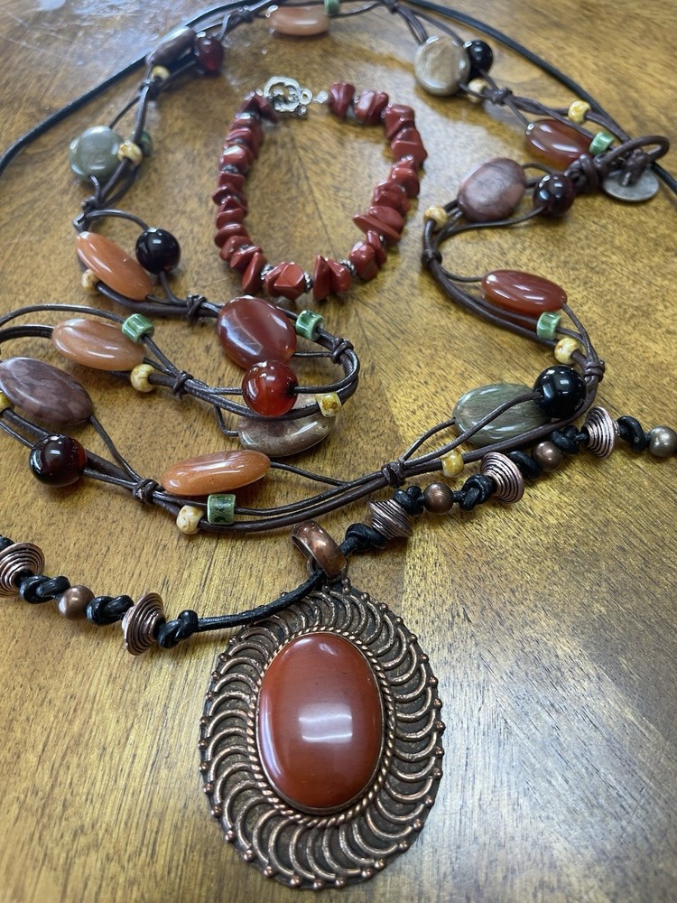 Artisan Red Jasper & Mixed Gemstone Jewelry Lot Of 3. 2 Necklaces& 1 Bracelet