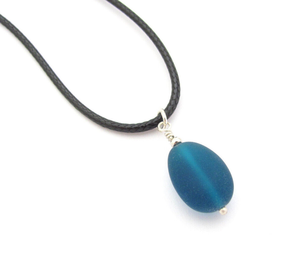Sea Glass Necklace Black Cord Unisex Jewelry Aqua Blue Pendant Summer Beach Gift