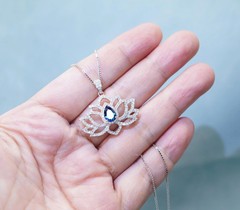 Blue Sapphire Necklace Lotus Flower Style Water lily Pendant 18KGP @ Sterling
