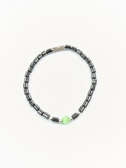 Artisan Gray Hematite Barrel Bead Green Round Glass Cats Eye Bracelet 7.25 Inch